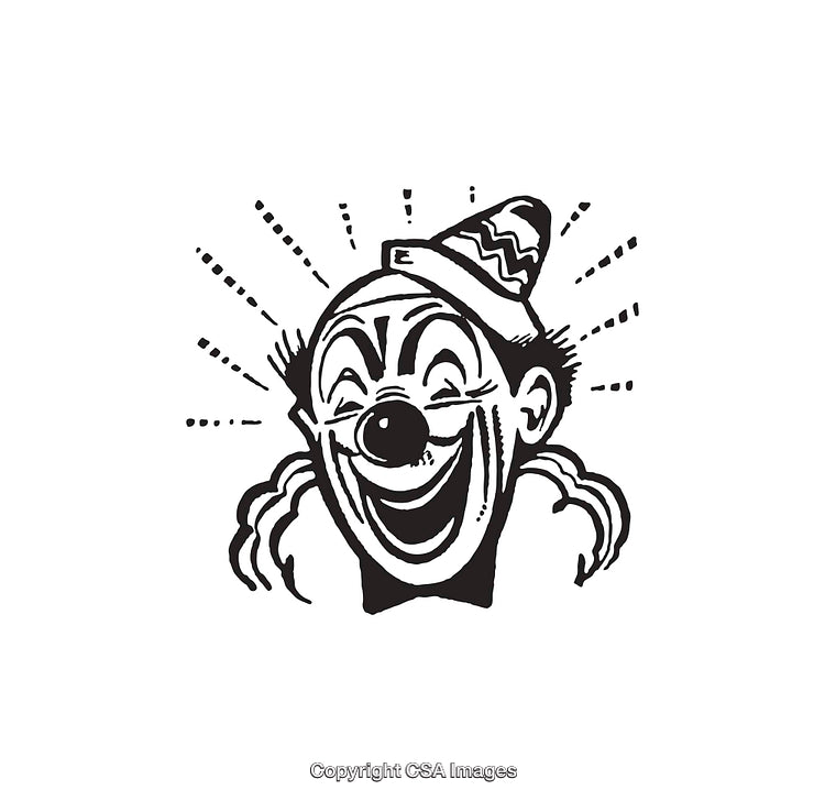 Black and White Line Art Illustration of a Laughing Clown Face