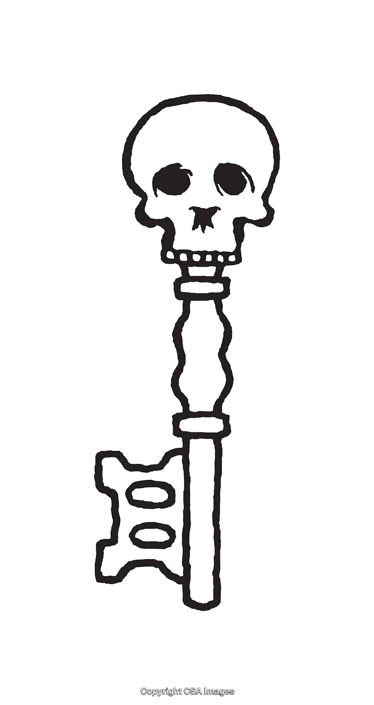 Black and White Line Art Drawing of a Skull Key Design
