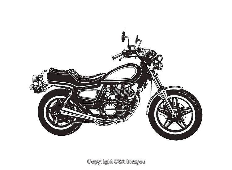Detailed Black and White Line Art Illustration of a Classic Motorcycle