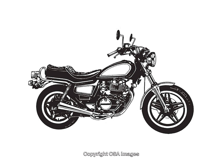Detailed Black and White Line Art Illustration of a Classic Motorcycle