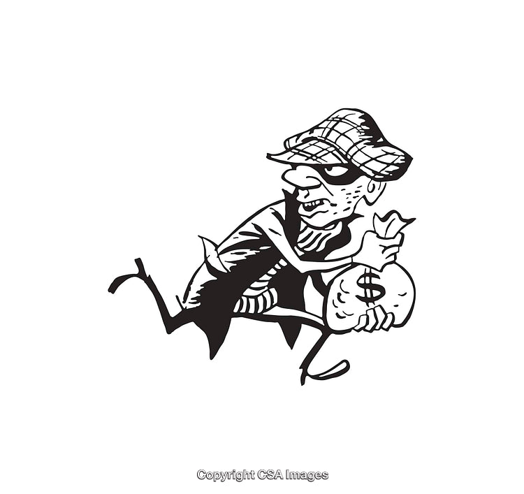 Black and White Line Art Illustration of a Cartoon Thief Running