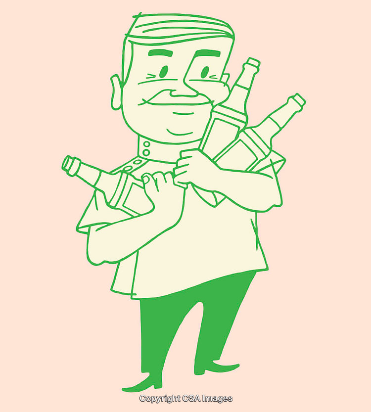Caricature Illustration of Cheerful Man Holding Multiple Bottles