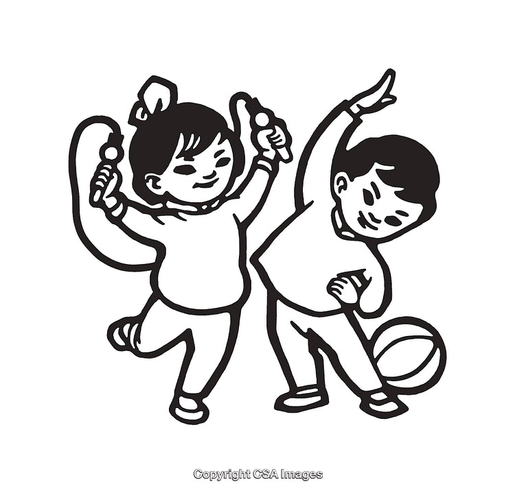 Children Playing with Rope and Ball in Line Art Illustration
