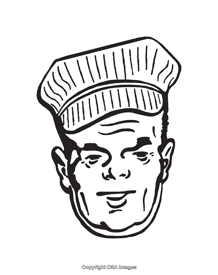 Black and White Line Art of a Chef’s Smiling Face Wearing Hat