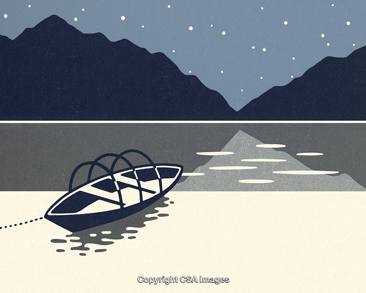 Minimalist Boat Illustration with Mountains and Starry Sky