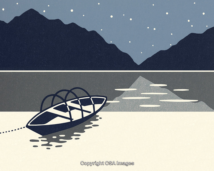 Minimalist Boat Illustration with Mountains and Starry Sky