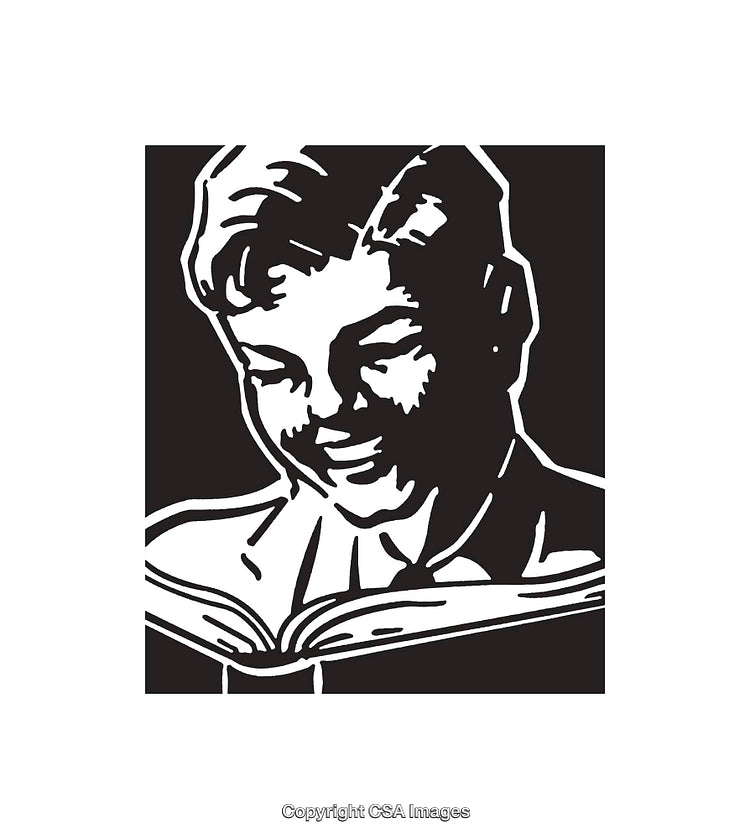 Black and White Illustration of a Boy Happily Reading a Book