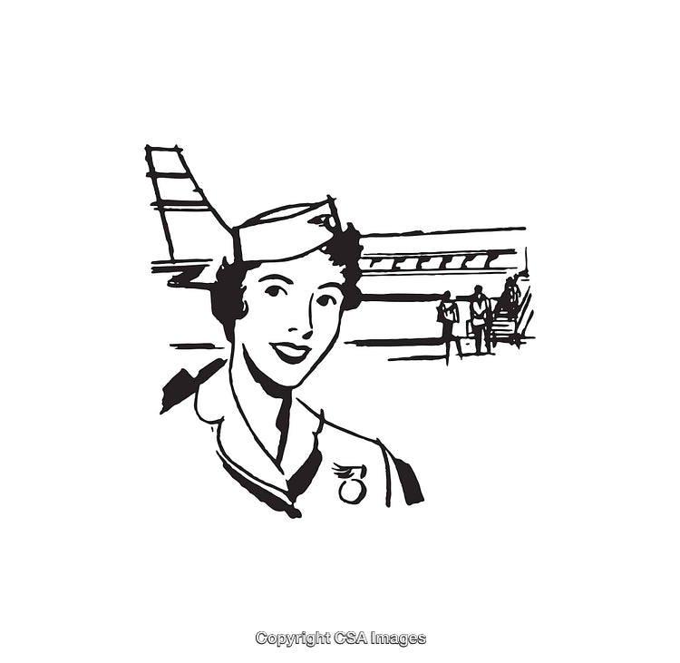 Retro Styled Illustration of a Smiling Air Hostess in Line Drawing Style