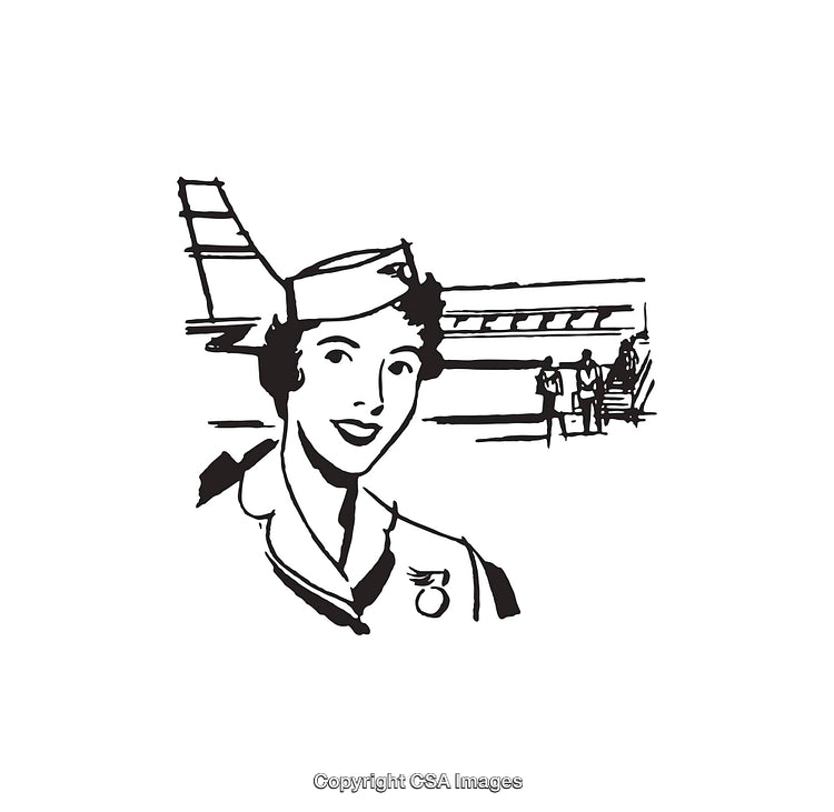 Retro Styled Illustration of a Smiling Air Hostess in Line Drawing Style