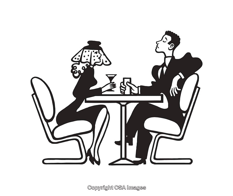 Black and White Illustration of a Couple Engaged in Conversation at a Table