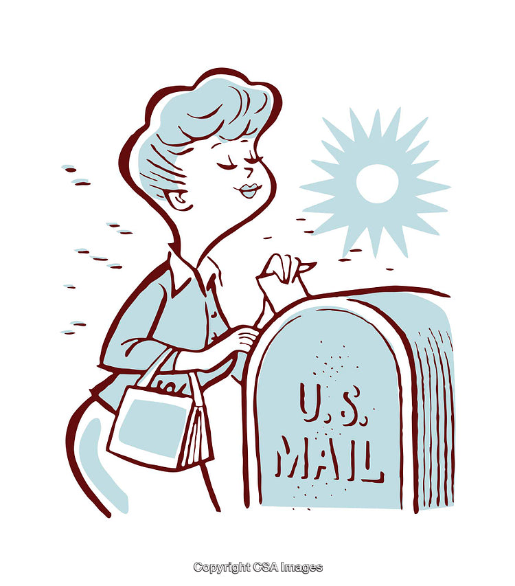 Retro Woman Mailing a Letter in an Enthusiastic Postcard Illustration