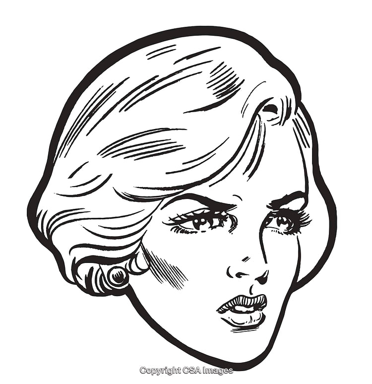 Vintage Comic-Style Illustration of a Woman's Expressive Face in Black and White