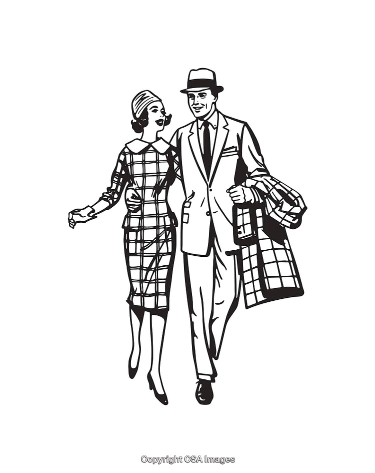 Elegant Retro Couple Walking Together in Black and White Line Art