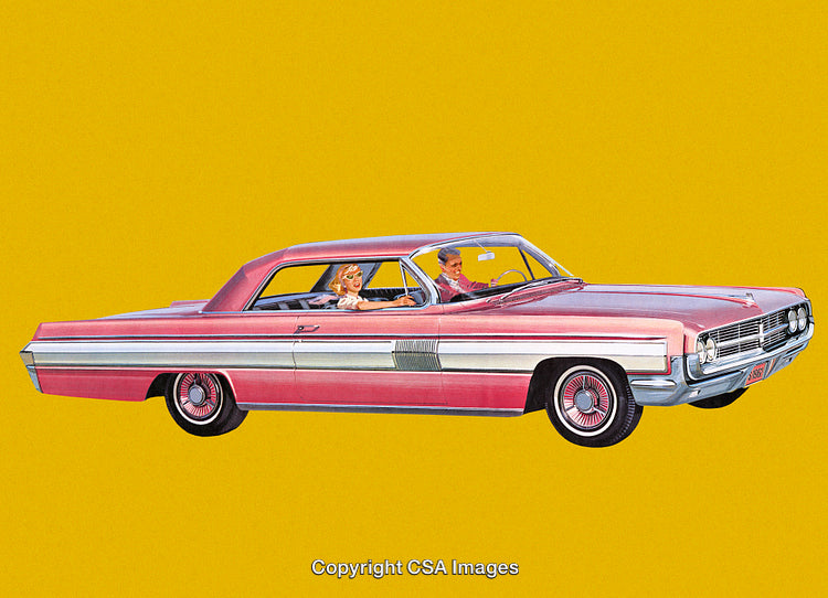Classic Pink Retro Car with Yellow Background Showcasing 1960s Nostalgia
