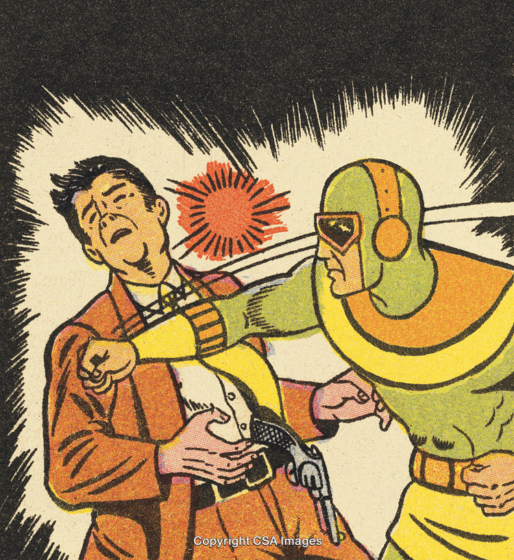 Retro Comic Scene Depicting Hero Fighting Villain in Vintage Style