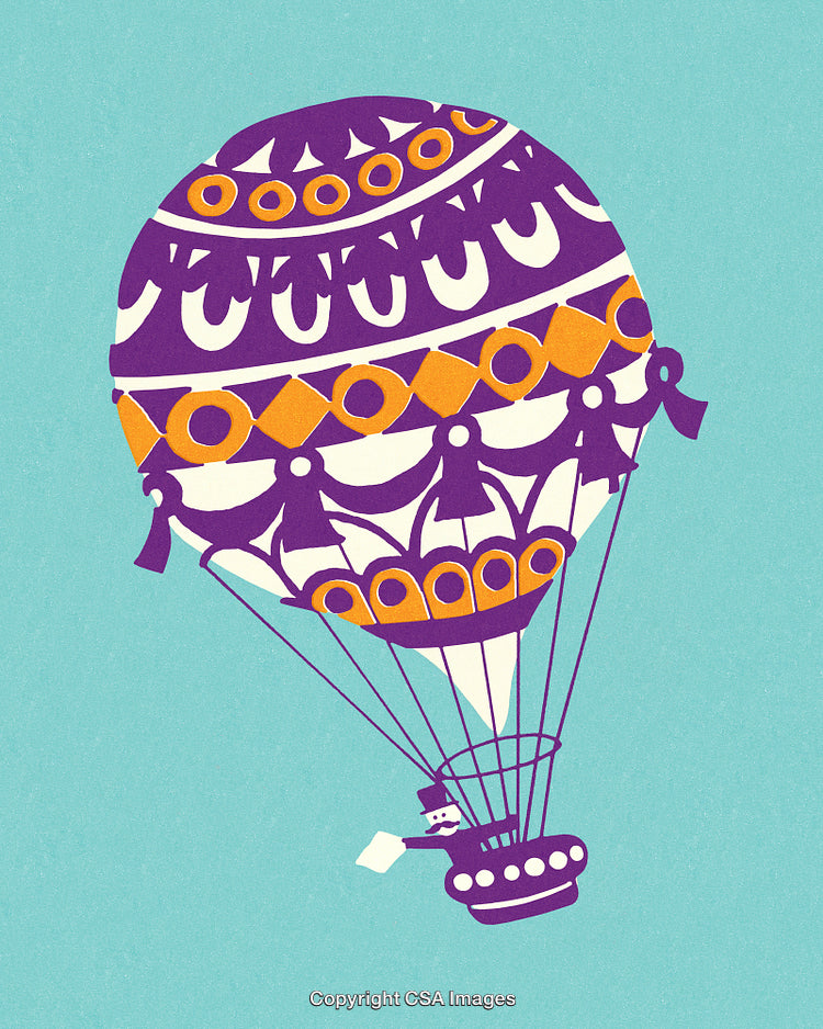Vintage Hot Air Balloon Illustration with Ornamental Patterns and Bright Colors