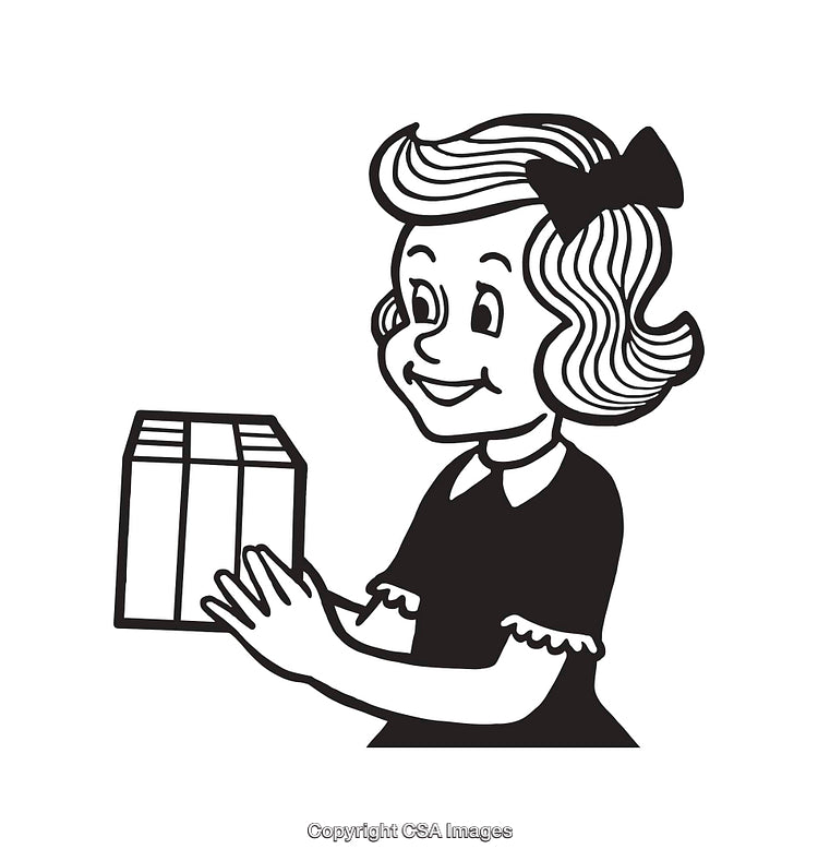 Retro Line Art Girl Receiving a Gift in Black and White Illustration