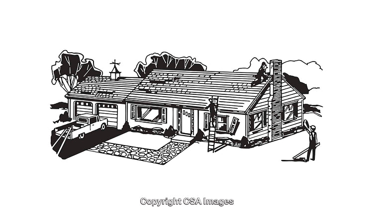 Black and White Line Art of a House With Workers and a Truck