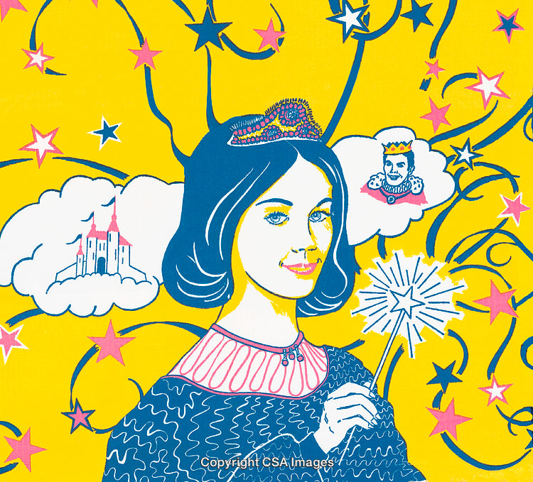 Colorful Illustration of a Daydreaming Princess With Fairytale Elements