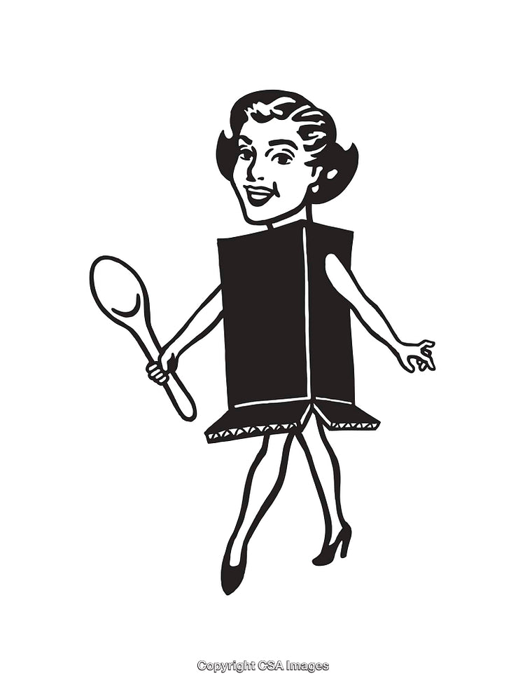 Retro Style Line Art Depicting Woman with Kitchen Utensil Illustration