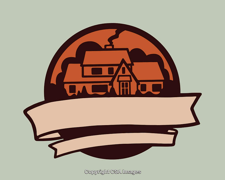 Rustic Home Icon With Retro-Style Ribbon Banner