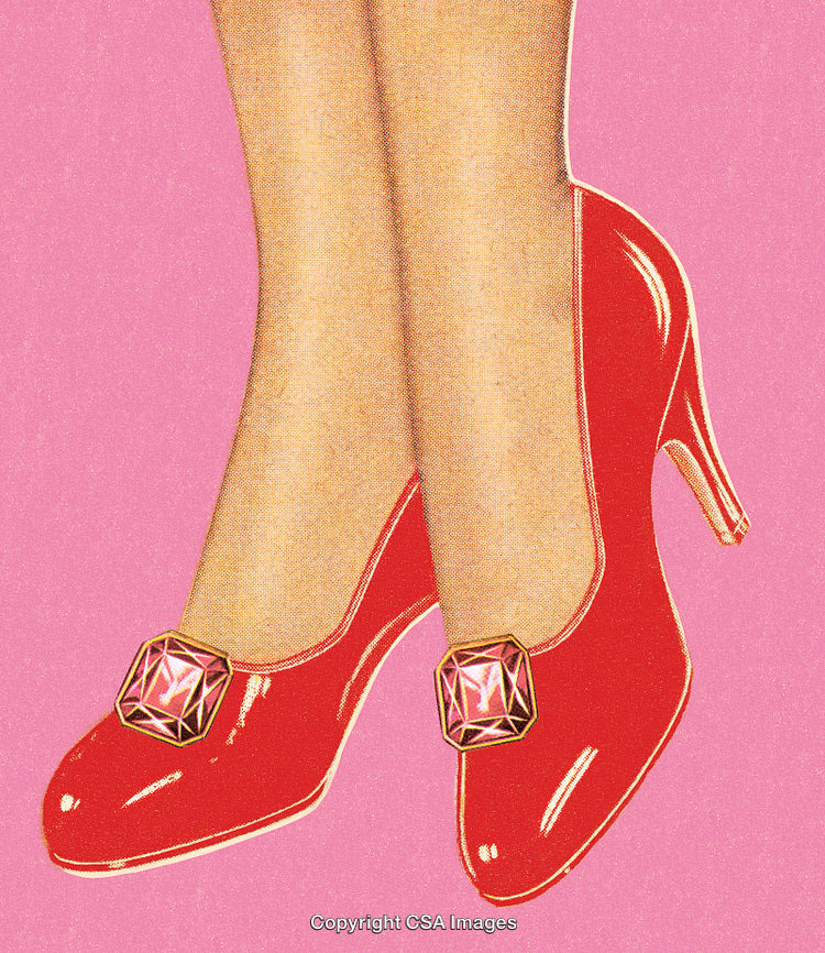 Stylized Illustration of Red High Heels With Gemstone Details on Pink Background