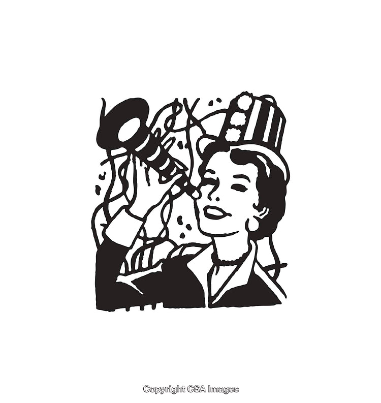 Vintage Black and White Celebration Line Art Illustration of a Woman Celebrating