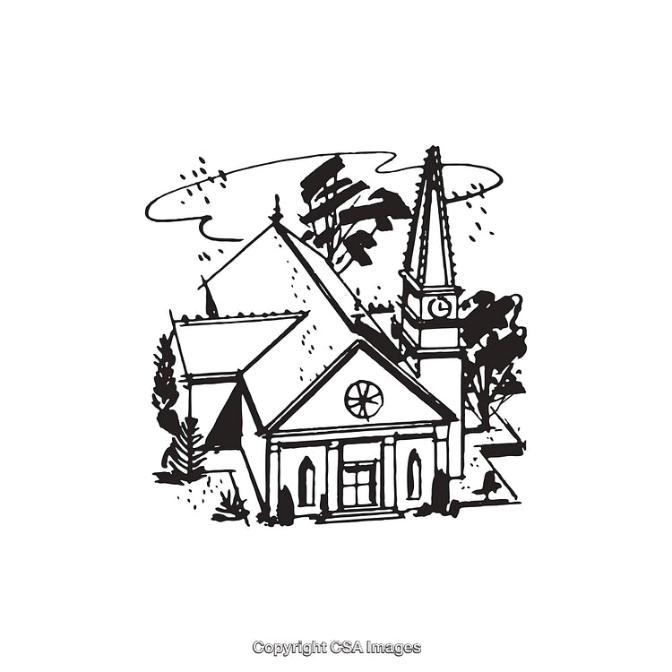 Black and White Line Art Illustration of a Traditional Church Building