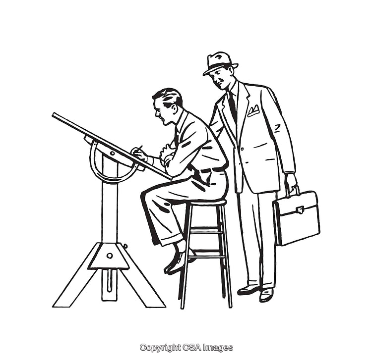 Black and White Line Art Illustration of Two Professionals Collaborating at a Drafting Desk