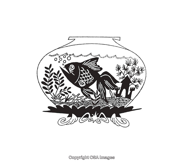 Black and White Illustration of a Fish in a Decorated Aquarium
