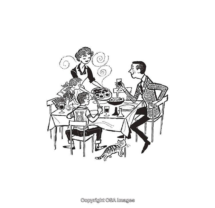 Family Enjoying a Dinner Together in Vintage Line Art Illustration