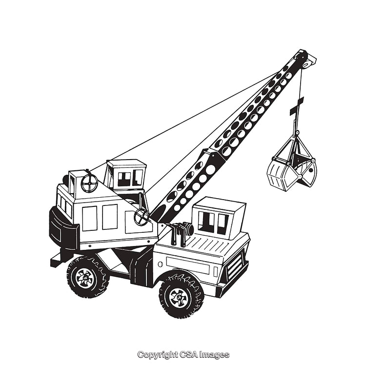 Line Art Illustration of Construction Crane with Grab Bucket Attachment