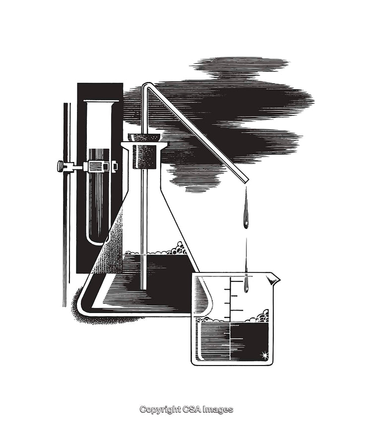 Black and White Illustration of Laboratory Glassware Experiment Scene