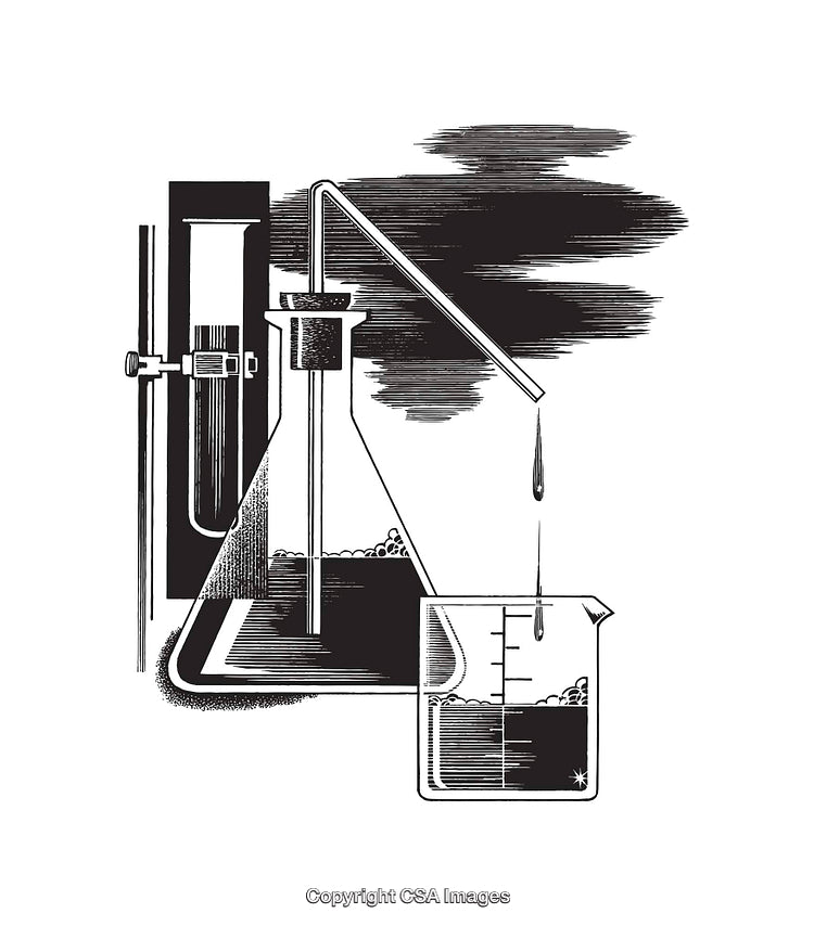 Black and White Illustration of Laboratory Glassware Experiment Scene