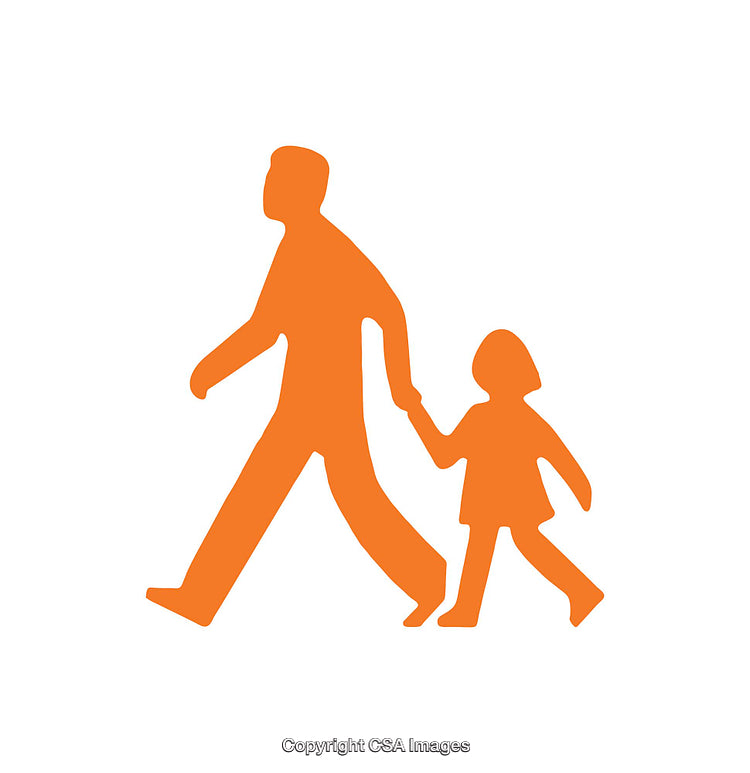 Silhouette Icon of Adult and Child Walking Together Holding Hands in Orange