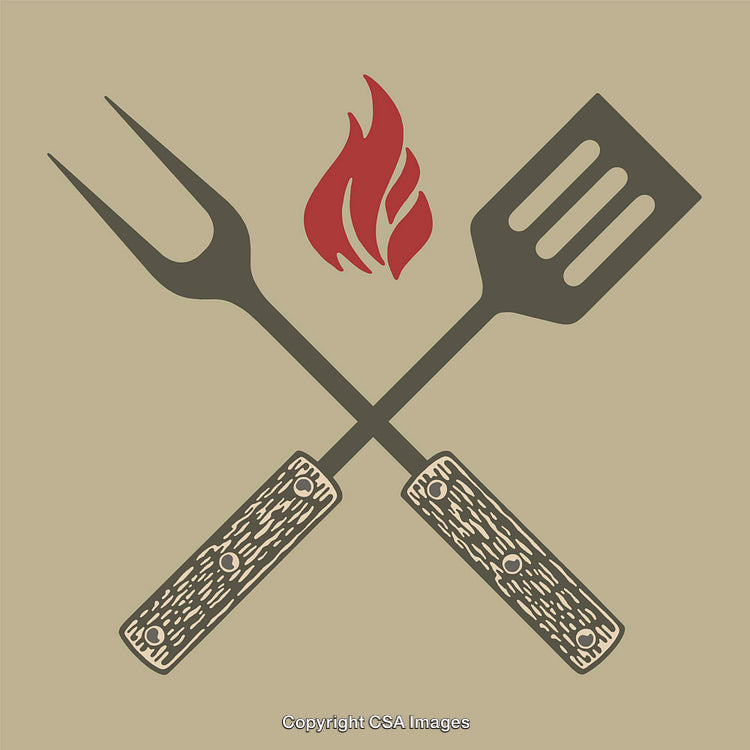 Crossed Barbecue Tools with Fire Icon in Rustic Style