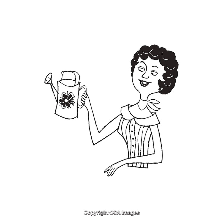 Black And White Illustration of a Woman Holding a Watering Can