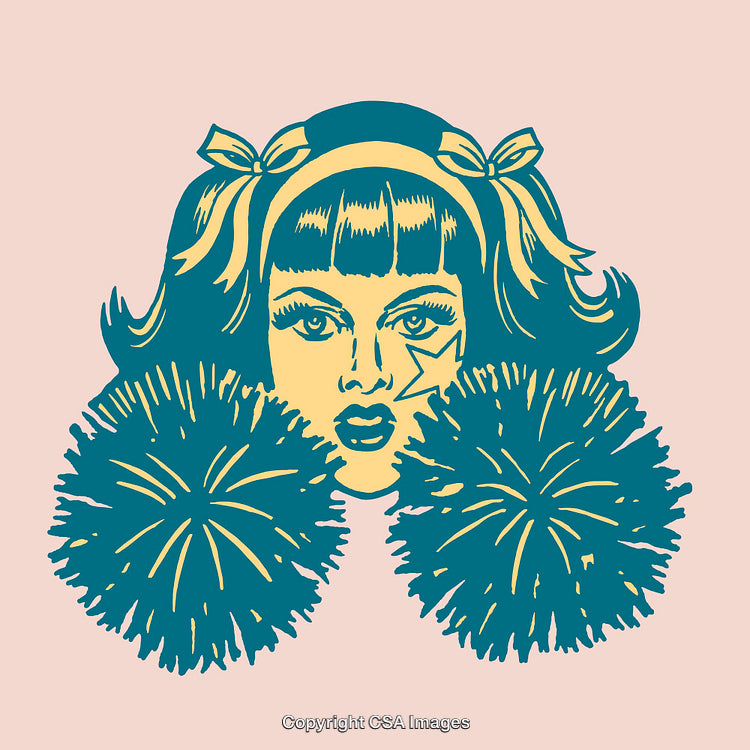 Cheerful Retro Illustration of a Cheerleader with Pom-Poms and Star Details