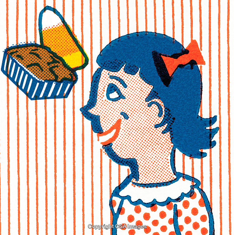 Retro Style Illustration of Happy Child with Sweets and Striped Background