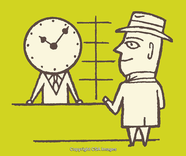 Whimsical Illustration of a Clock-Headed Figure Meeting a Hat-Wearing Gentleman