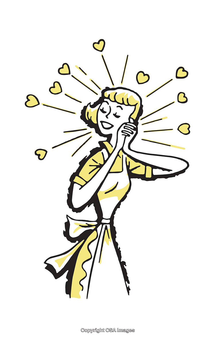 Retro Illustration of Joyful Woman Surrounded by Love and Heart Motifs