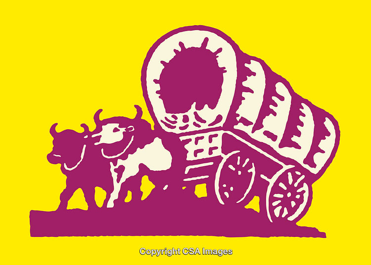 Color Illustration of Oxen Pulling Covered Wagon on Yellow Background