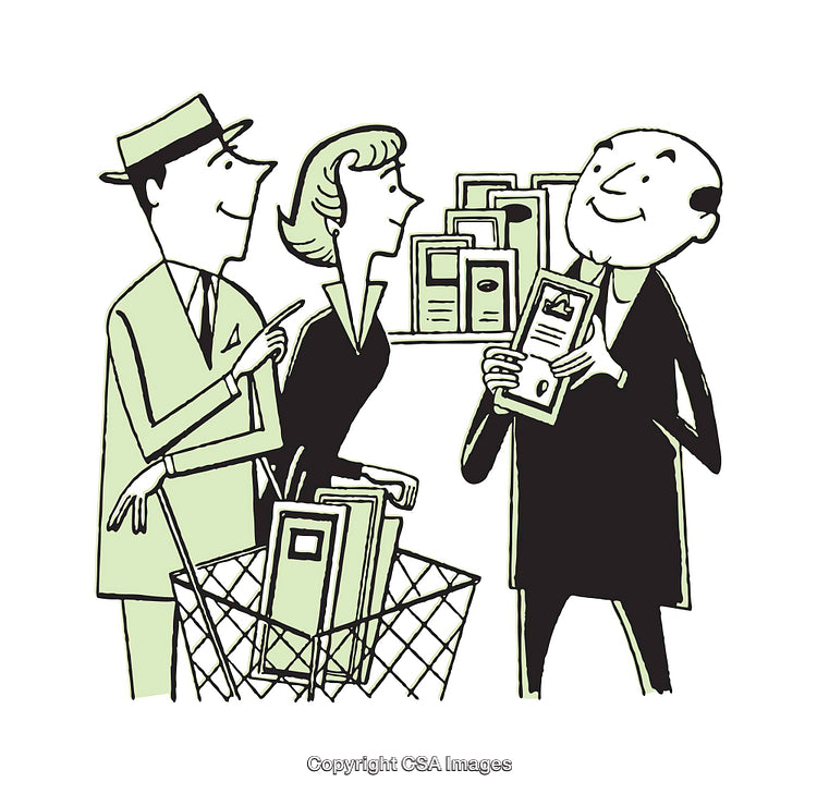 Vintage Illustration of People Interacting in a Shopping Scene