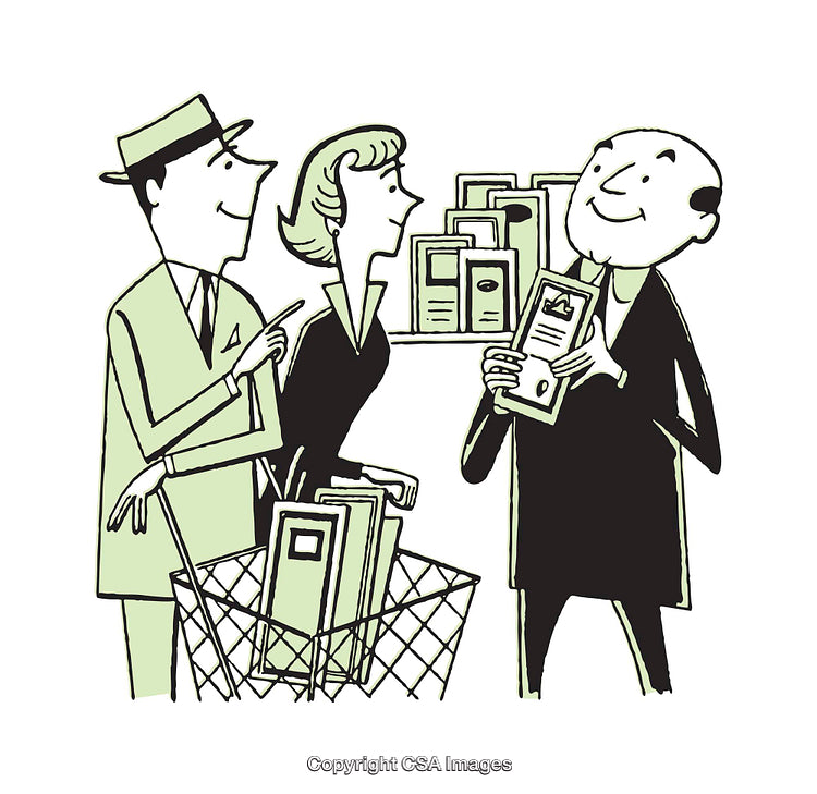 Vintage Illustration of People Interacting in a Shopping Scene