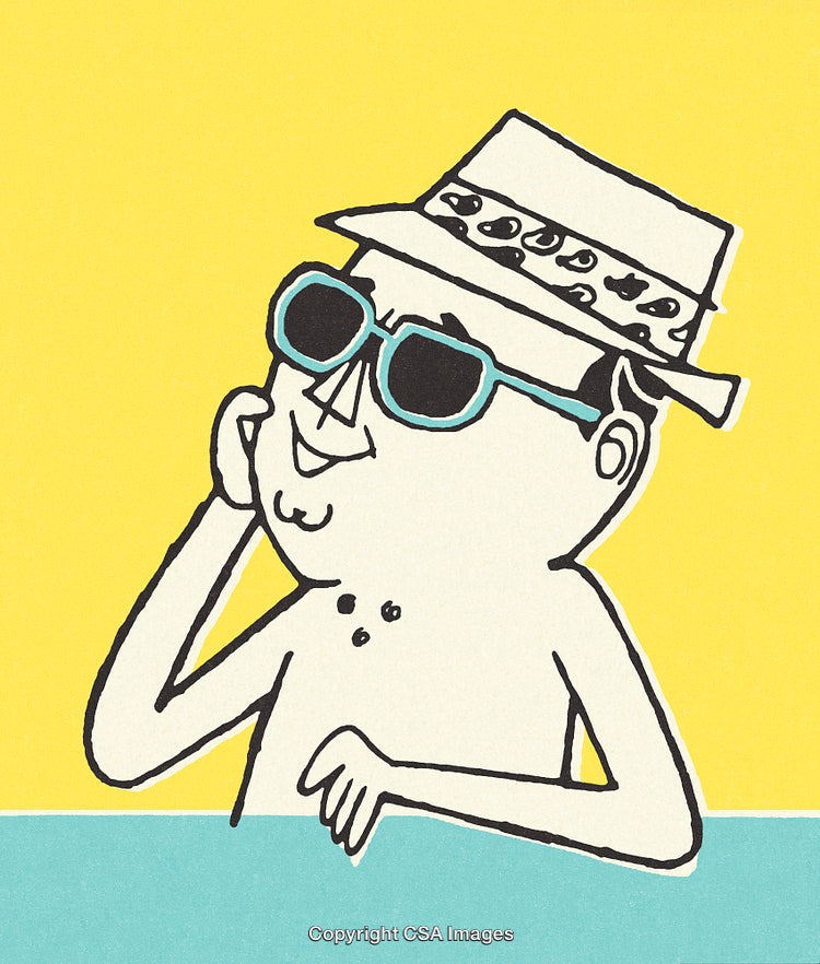 Smiling Cartoon Man in Summer Hat and Sunglasses on a Colorful Background