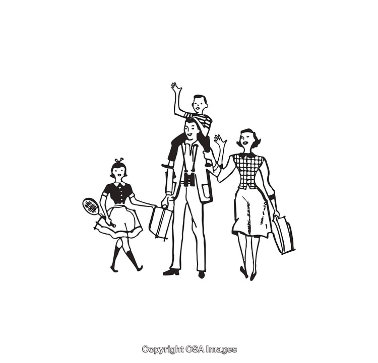 Retro Family Traveling Together with Luggage in Black and White Illustration