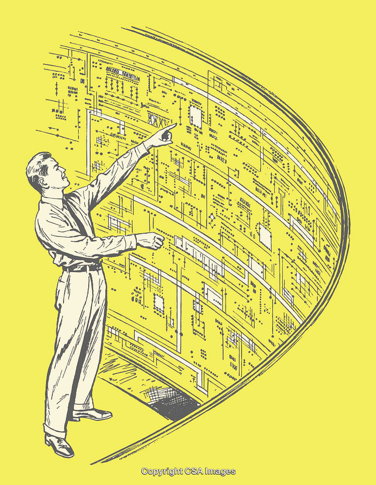 Retro Futuristic Illustration of a Man with Technological Circuit Interface