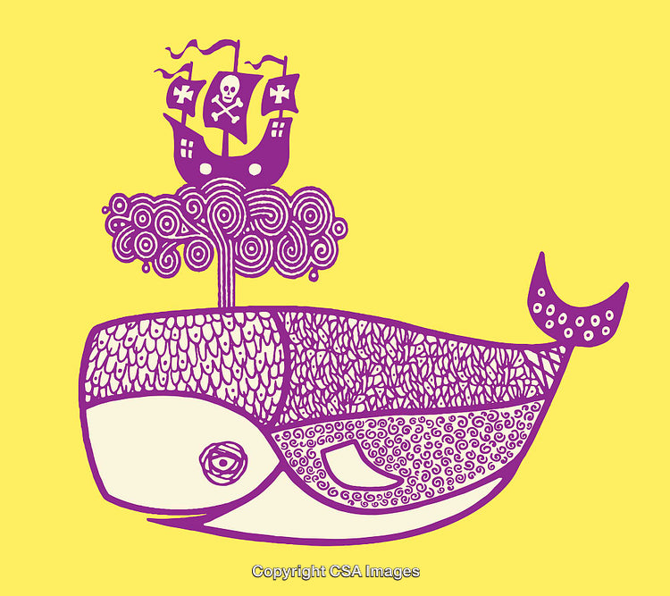 Colorful Abstract Line Art Illustration Featuring Whale and Pirate Ship