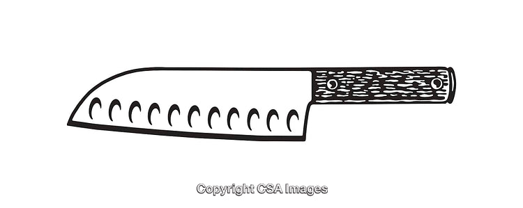 Black and White Illustration of Santoku Knife with Wooden Handle