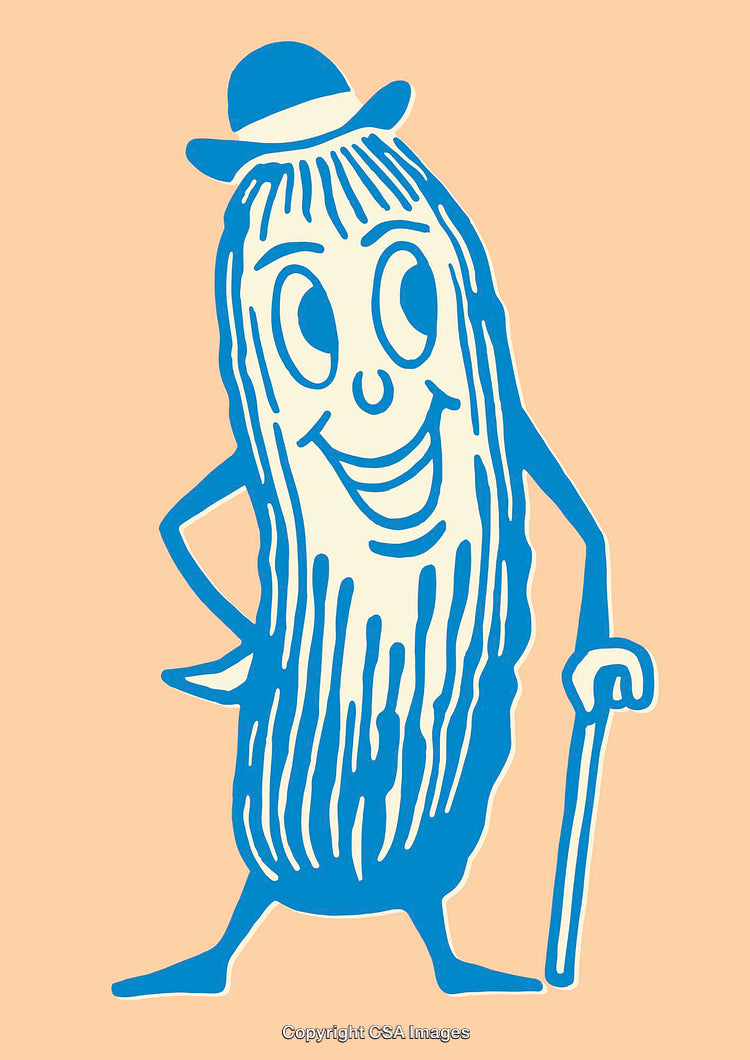 Cheerful Pickle Character in Blue Line Art Wearing Hat and Cane